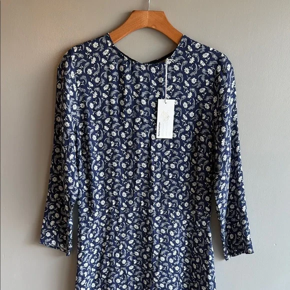 Reformation - Dark Blue & White Floral Print Long Sleeve Midi Dress Sz 10 NWT - Picture 3 of 13